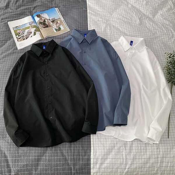 

long-sleeve men's non-iron solid color white shirt korean college style simple base youth loose daily square collar casual shirts, White;black