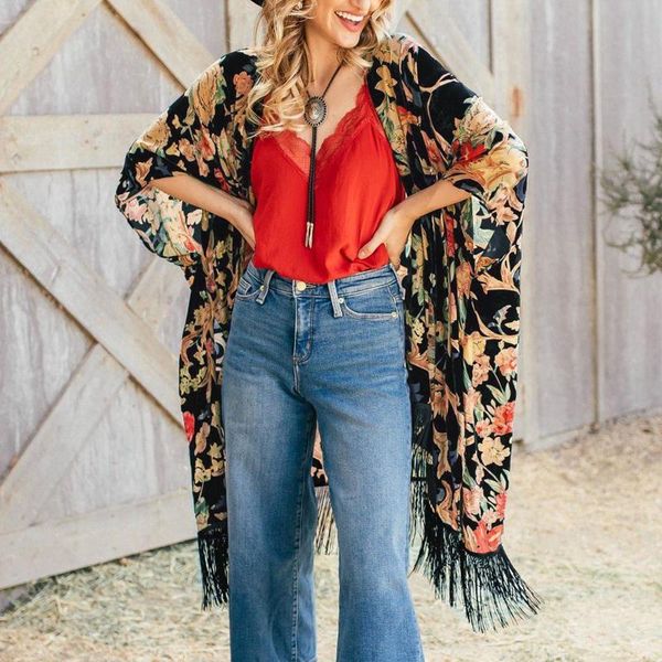 

women print chiffon beach kimono long cardigan blouse shawl loose outwear women's swimwear, White;black