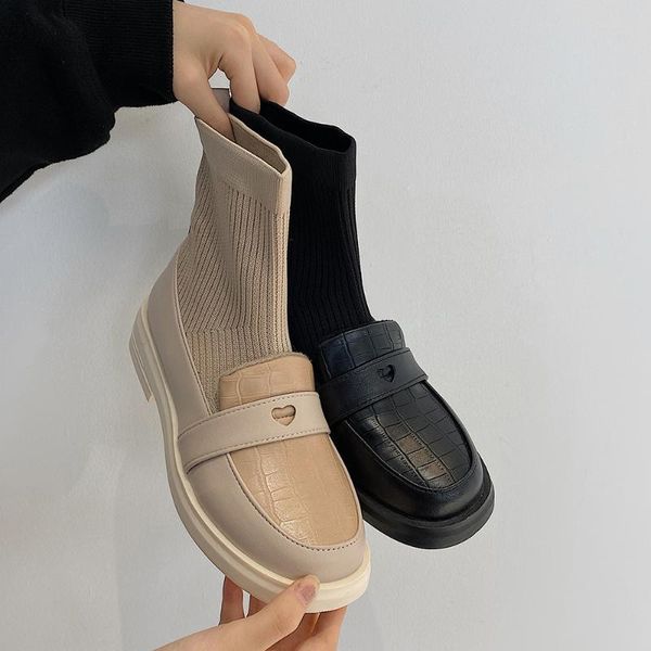

boots women autumn 2021 korean version ins round head thick heel retro british style knitted elastic socks, Black