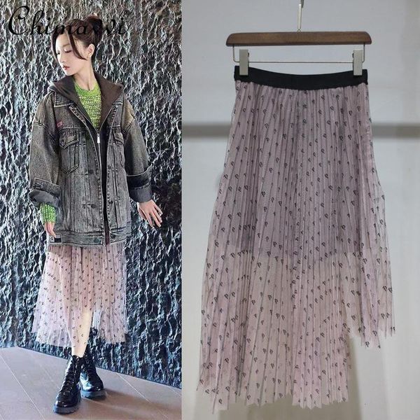 

skirts vintage letter print elastic high waist mid-calf skirt spring women pink mesh pleated irregular lady clothing, Black
