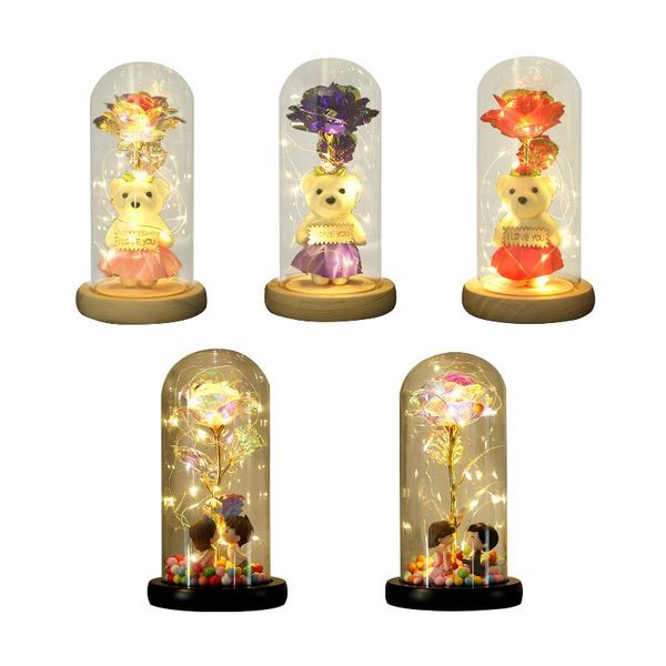 

party decoration christmas artificial flower rose luminous creative with led light string in glass dome gifts home