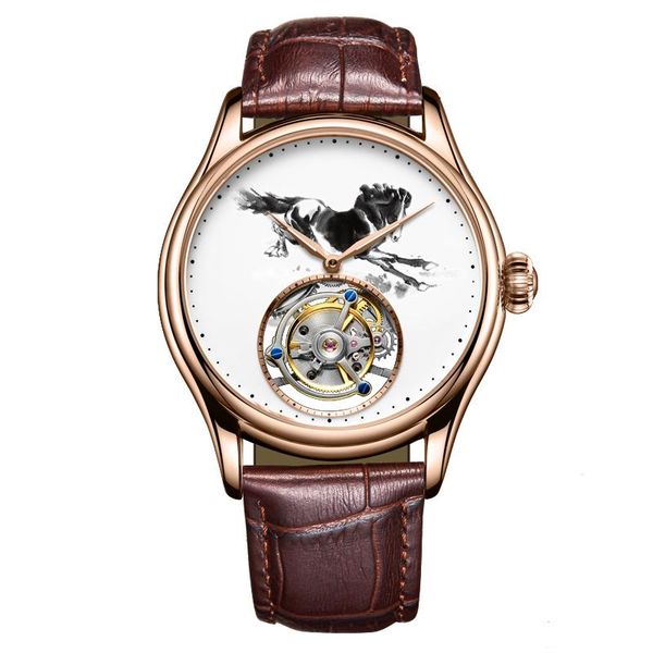 

wristwatches real tourbillon watch fully automatic mechanical double side sapphire mirror high-end horse business men 1963, Slivery;brown