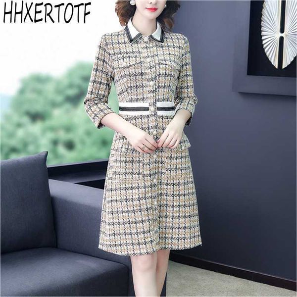 Herbst Winter Hohe Qualität Vintage Elegante Tweed Kleid Damen Schlank Langarm Mode Plaid Kleider 210531