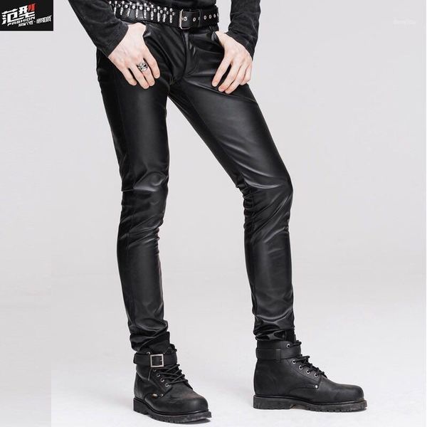 Calças masculinas Moda Stretch Primavera Coreano Pés Skinny Motocicleta Couro Sólido Cor Pu Calças1