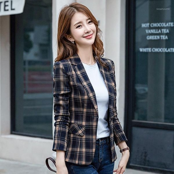 

women's single coat 2021 autumn casual fashion temperament slim slimming wild plaid double-breasted small suit shirt suits & blazers, White;black