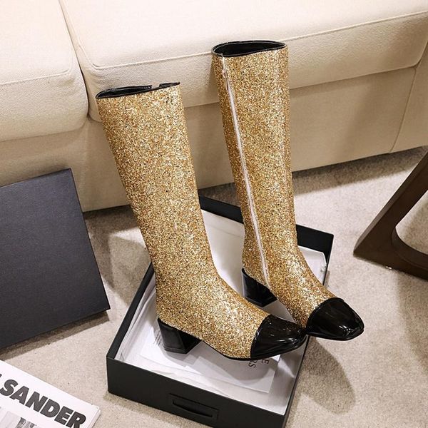 

boots lady fashion long bling knee high splicing design performance shoes dress slip on golden silvery size33-46, Black