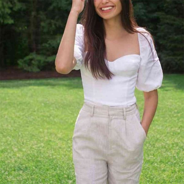 

summer women's casual solid color square collar short sleeve slim shirt 210430, White