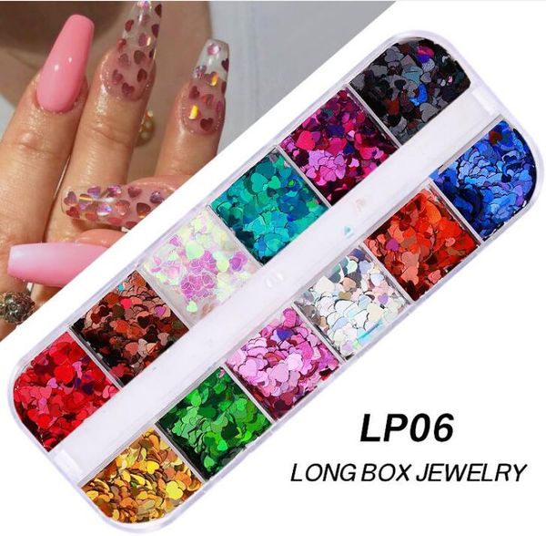 Mix Renkler Çivi Sequins Manikür 12 Izgara Yeşil Kırmızı Yıldız Şekli Kalp Şeklinde Kelebek Yama Nail Art Dekorasyon Çıkartmaları Glitter Pul