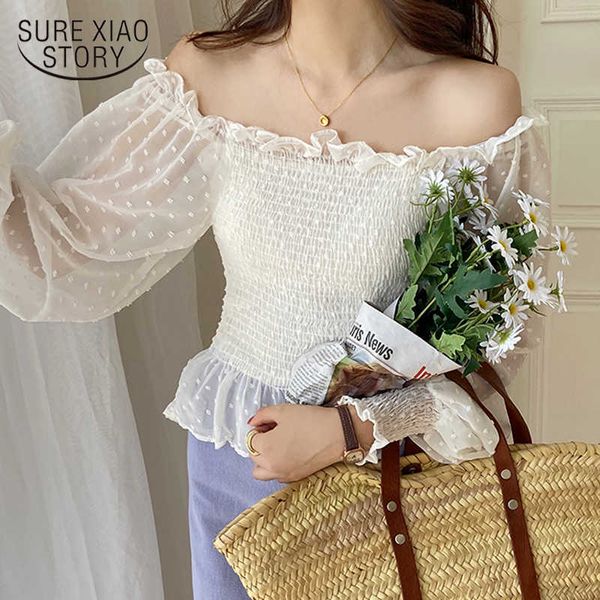

autumn waist hugging lantern sleeve slimming off-shoulder sweet and fairy mesh stitching long sleeve shirt 10221 210527, White