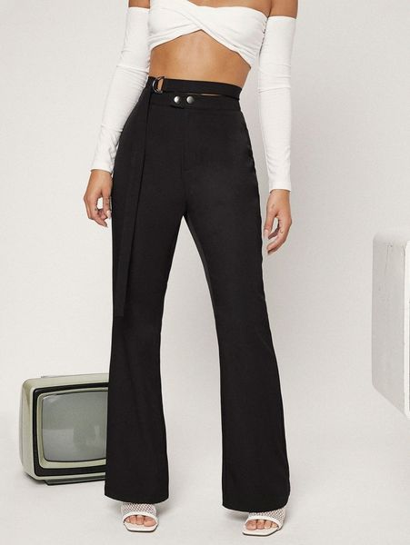 

high waist solid belted flare leg pants z6uu#, Black;white