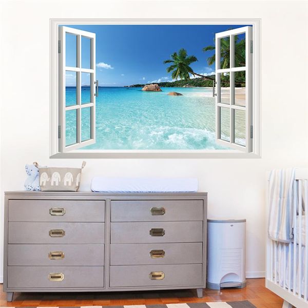 

wall stickers coconut tree ocean beach 3d fake windows living room decoration diy home decals sea landscape mural art posters