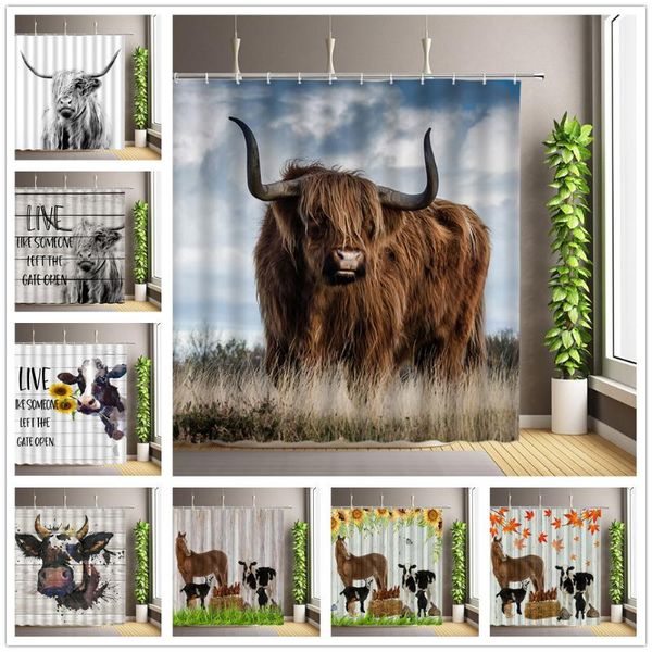

shower curtains highland cow farm animal horse flower grass wood board background bathroom decor set hanging curtain waterproof