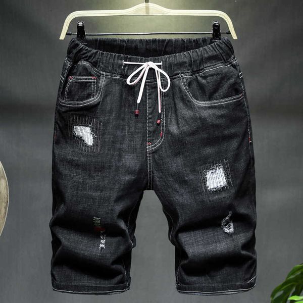 

men's shorts plus size 6xl 7xl 9xl 10xl ripped denim summer black blue drawstring short male brand clothes thsu, White;black