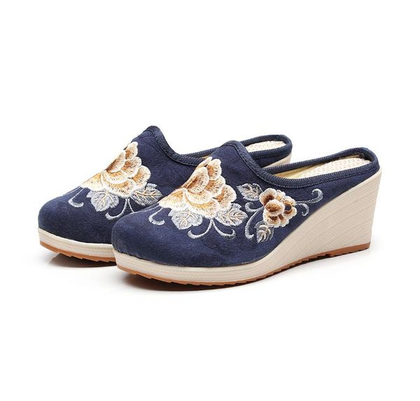 

cloth shoes hanfu ethnic embroidered jacquard cotton high heel comfortable slippers, Black