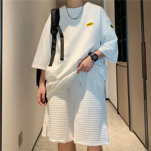 

loose fashion sportswear men suit waffle cotton short sleeve t-shirt korean style male two piece set, Gray