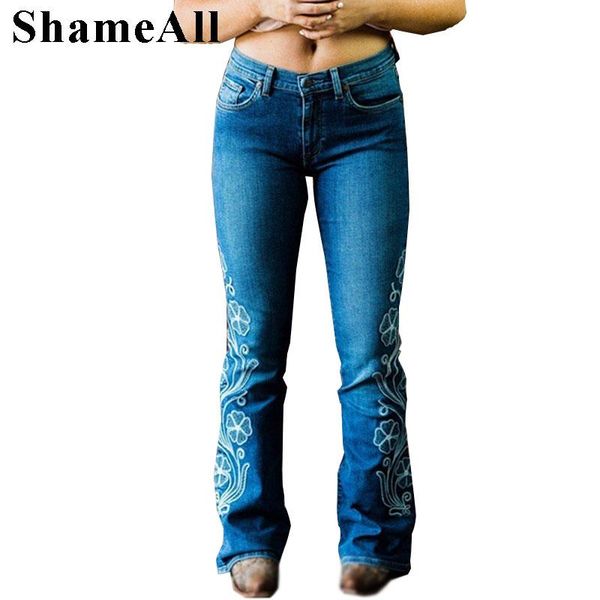 

women's jeans 2021 floral embroidery micro-flared denim pants mid waist stretch skinny gothic bell-bottom mom jean pantalon tejano muje, Blue