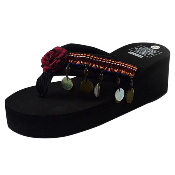 

women bohemia wedge slippers home bathroom beach flip flops shoes women's slipper ladies 2021, Black