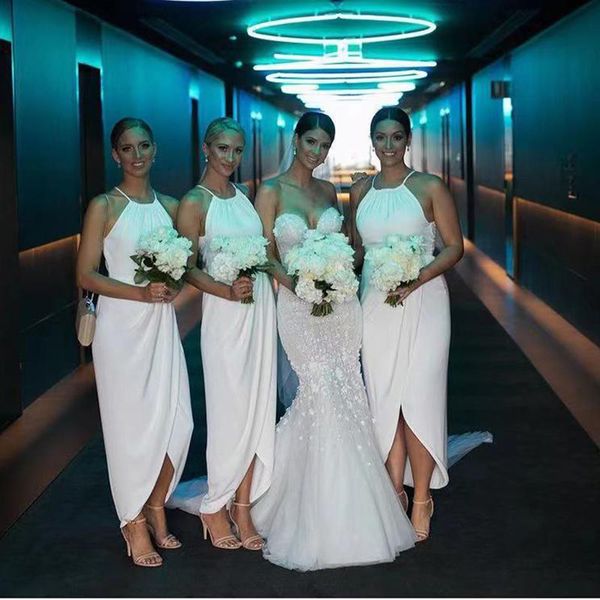 

white boho bridesmaid dresses chiffon 2021 halter ruched pleats high low custom made plus size maid of honor gown beach wedding guest wear v, White;pink