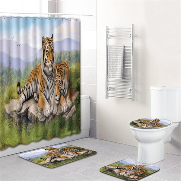 

shower curtains home decor toilet bathroom mat set water-proof curtain 3d printing tiger 4pcs/set with rugs