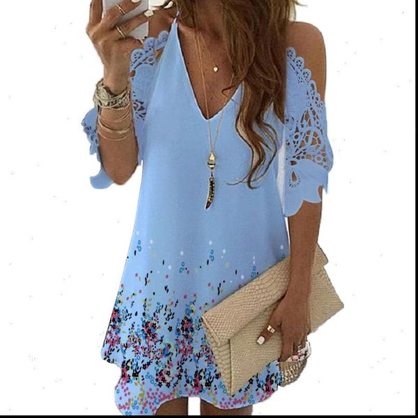 

half sleeves print floral women dresses causal off shoulder midi v neck lace casual sling party plus size, Black;gray
