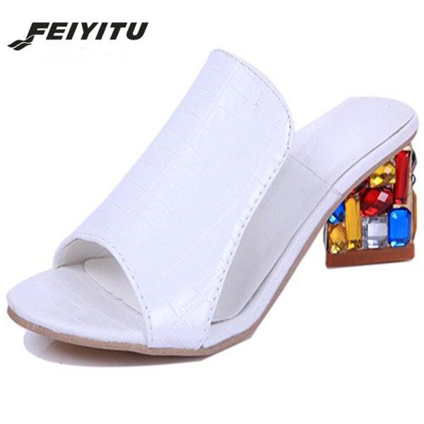 

feiyitu women sandals 2021 ladies summer slippers shoes woman high heels fashion rhinestone eu size 35-41, Black