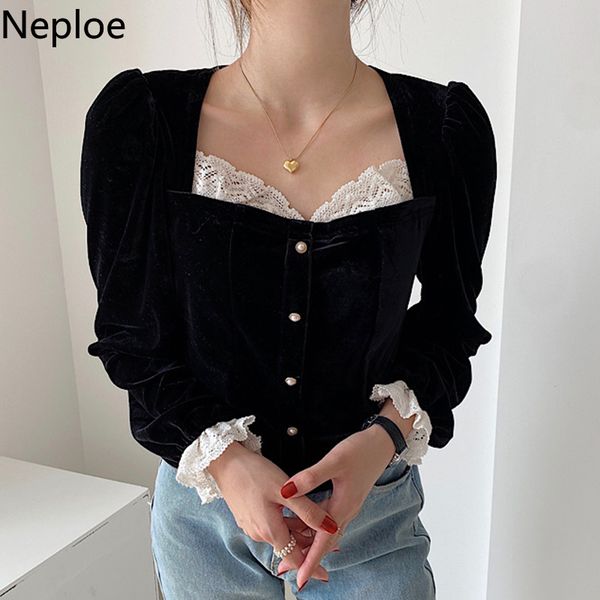 

neploe chic vintage blouse women square collar patchwork lace shirt single breasted long sleeve velvet temperament blouses 210422, White