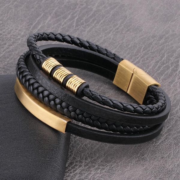 

charm bracelets foreign trade -selling punk stainless steel accessories men's multi-layer braided leather cord bracelet golden tide, Golden;silver