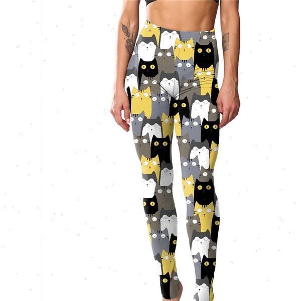 

women leggings cartoon cat print for plus size elastic workout push up leggins femal fitness, Black