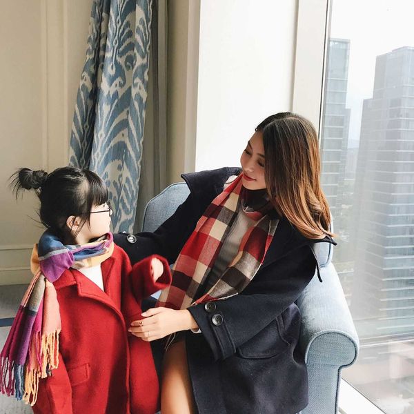 

2021 autumn and winter korean parent-child children's thickened scarf long plaid bib imitation cashmere warm shawl, Blue;gray