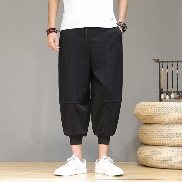 

men's pants summer harem cotton elastic waist drawstring slacks trousers plain h23, Black