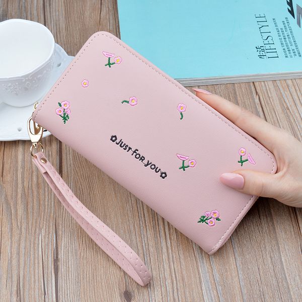 

new women wallets long zip fashion embroidered money clip 2021 europe and america large capacity soft leather clutch, Brown;gray