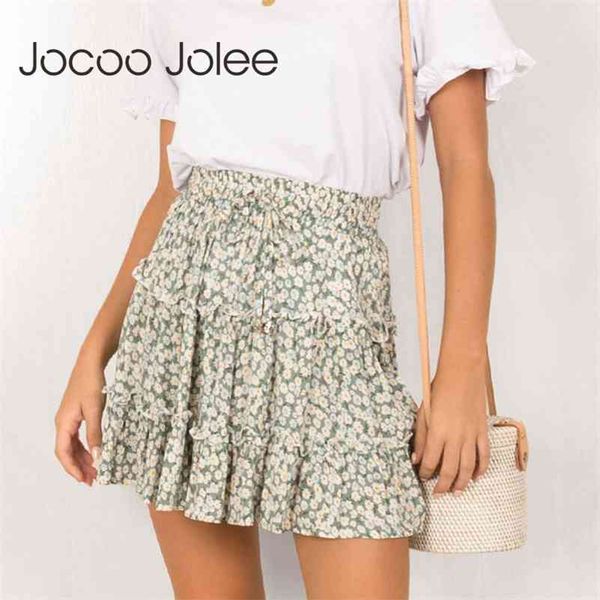 

high waist ruffles for women floral print a line cotton beach short pleated skirt plus size 210416, Black