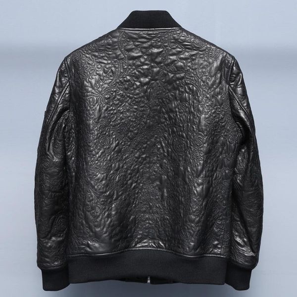 

men's leather & faux mens fashion casual short wide-waisted spliced embroidery genuine jackets o-neck zippers pockets sheepskin coat, Black