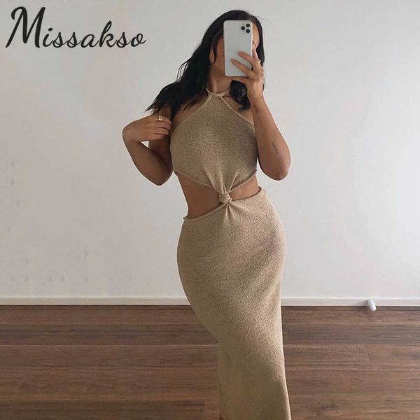 Missakso Hollow Out Wrap Halter Dress Beach Club Verão Mulheres Preto Khaki Sexy Bodycon Backless Meias Midi Vestidos 210625