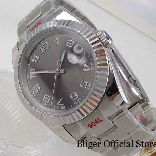 

wristwatches 36mm fluted bezel date just men watch brushed oyster strap sunburst nologo grey dial adjustable clasp, Slivery;brown