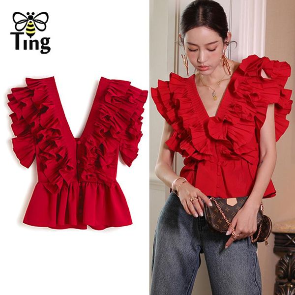 

women's blouses & shirts tingfly designer summer cascading ruffles v neck casual women button up streetwear aesthetic clothes frocks la, White