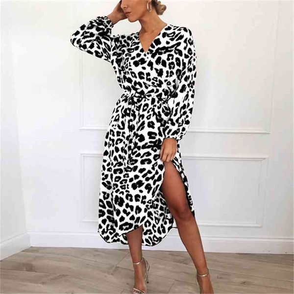 

leopard print autumn winter wrap dress women vintage lantern sleeve white elegnat long black plus size 210427, Black;gray