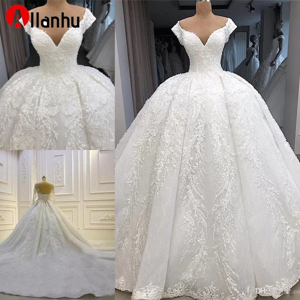 2022 Vintage Branco / Marfim Off Ombro Bola Vestidos de Noiva Vestidos Luxo Saudi Árabe Dubai Lace Appliqued Plus Size Bidal Vestido BC10533 W59