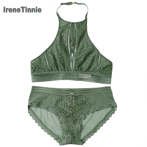 

bras sets irene tinnie lace bra set ultra-thin padded non-rimmed high neckline halter open-back underwear hollow out no trace, Red;black