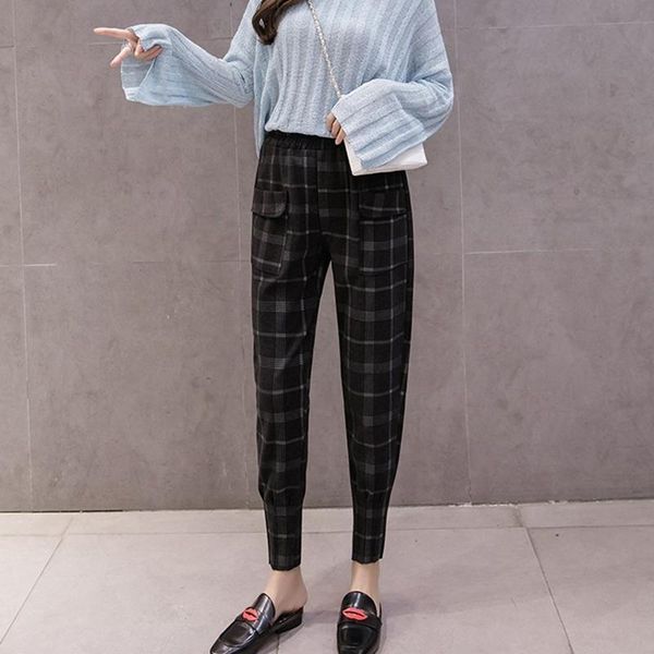 

women's pants & capris jkkucoco 2021 autumn winter pocket high elastic waist ankle-length paid trousers women woolen pencil 5 color s-x, Black;white