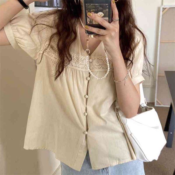

women's two piece pants 2021 sweet gentle summer all match slim vintage shirts elegance lace v-neck stylish girls lady ol chic blo, White