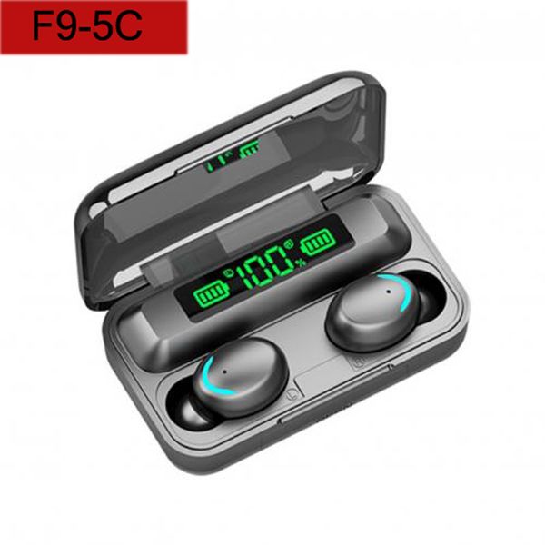 F9-5C TWS Bluetooth Earnessphones Wireless Touch Control Earbuds Charging Box 9D Stéreo Bass Headsets Sports Peças de fones de ouvido esportivas