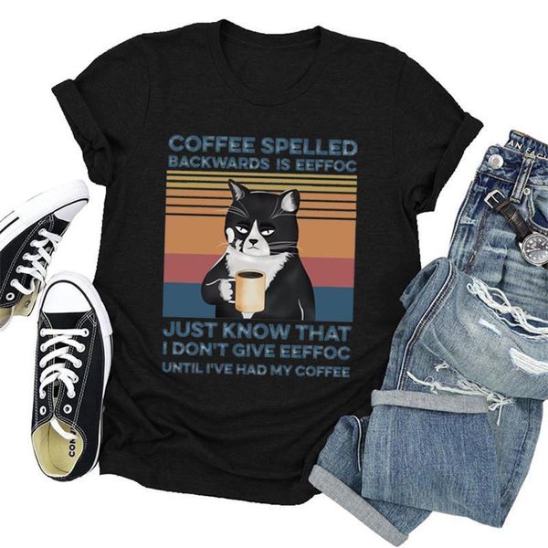 

coffee spelled letter print womens t shirts plus size tshirts cute cat graphic summer harajuku shirt female aesthetic clothes, White
