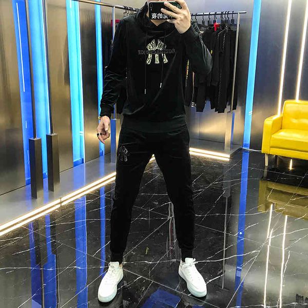 

hoodies autumn men's fashions gold velvet suit with hoodie sequin letter sequins nightgown pants beautiful two garments male fashion, Black
