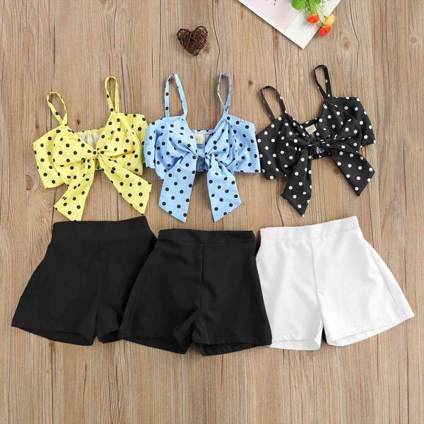 

baby childrens 2pc kids suit set girls polka dots print v neck sleeveless solid color pantskirt for summer, blue, White
