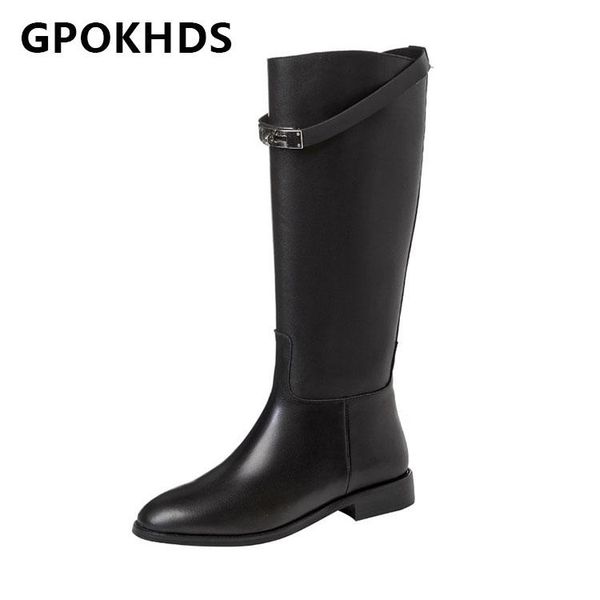 

boots gpokhds 2021 women knee-high cow leather winter short plush round toe med heels female motorcycle size 39, Black