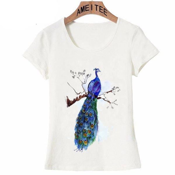 

summer women t-shirt vintage peacock and dragonfly design lovely print casual female novelty tees women's, White
