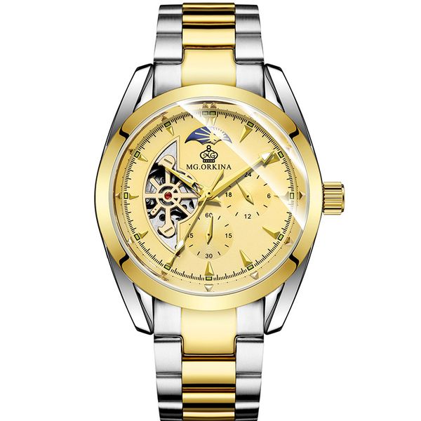 

european and american fashion highend mg orkina mg mens business mechanical watch hollow star tourbillon automatic mechanical watch, Slivery;brown