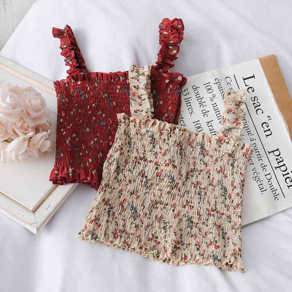 

summer women straps pleated fungus floral print solid cottons camisole female backless 210518, White