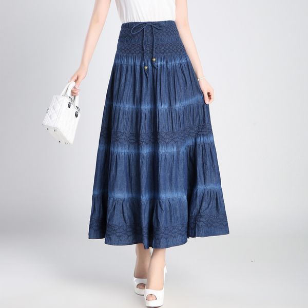 

skirt style 2-style denim lace-up seaside holiday beach retro half-length dress harajuku, Black